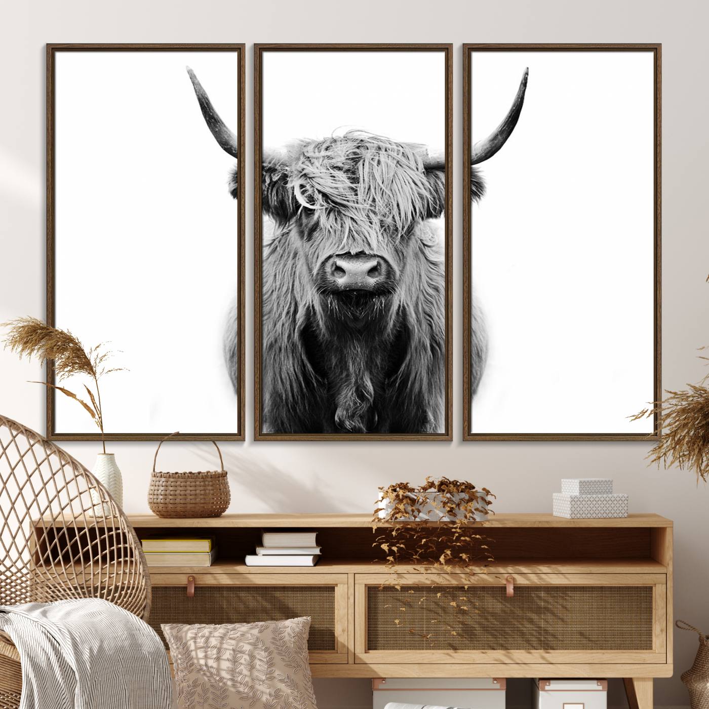81315-MGV-FC-48X32-3P_Walnut-Highland Cow Canvas Print Wall Art, Farmhouse Decor Cow Black White Print Rustic Wall Decor, Animals