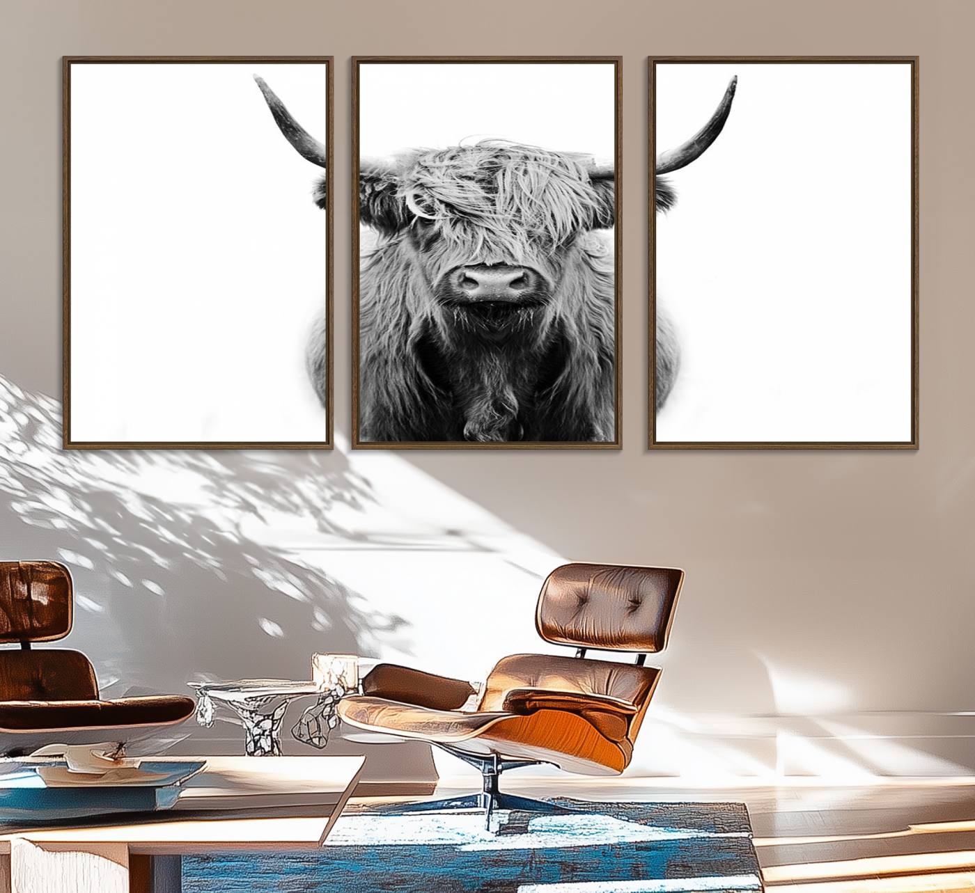 81315-MGV-FC-60X30-3P_Walnut-Highland Cow Canvas Print Wall Art, Farmhouse Decor Cow Black White Print Rustic Wall Decor, Animals