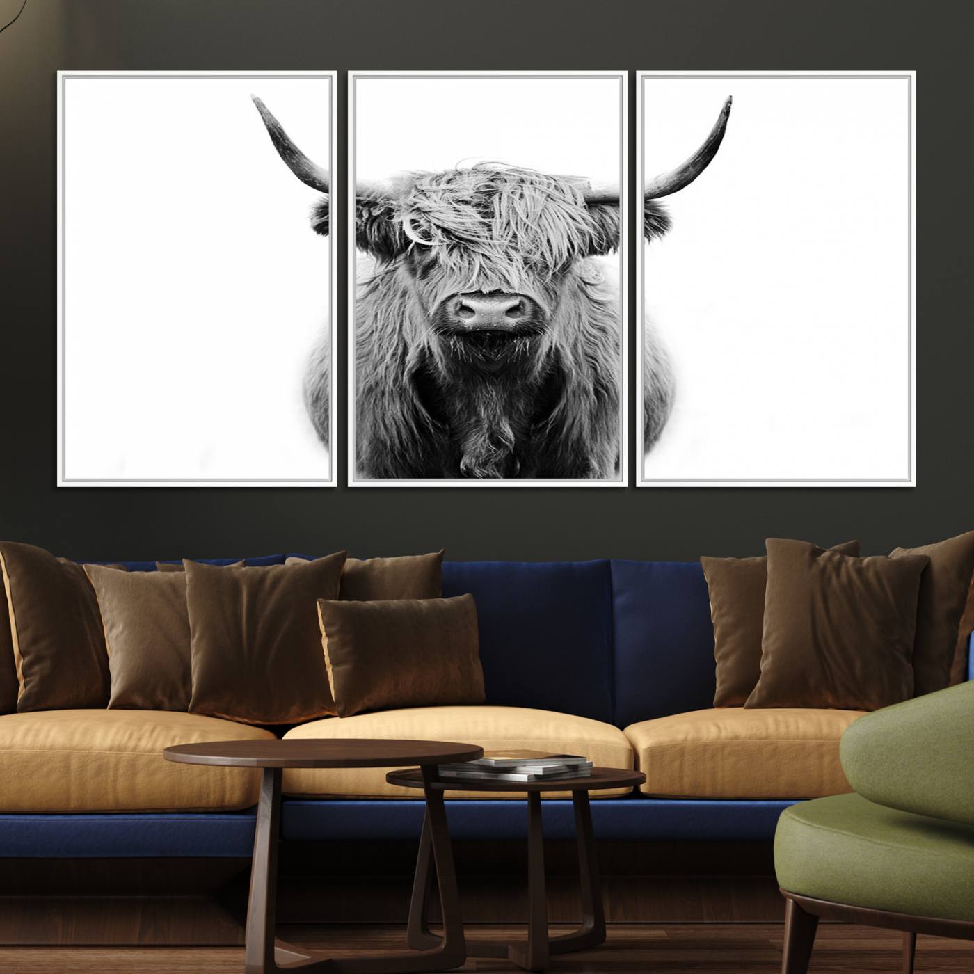 81315-MGV-FC-60X30-3P_White-Highland Cow Canvas Print Wall Art, Farmhouse Decor Cow Black White Print Rustic Wall Decor, Animals