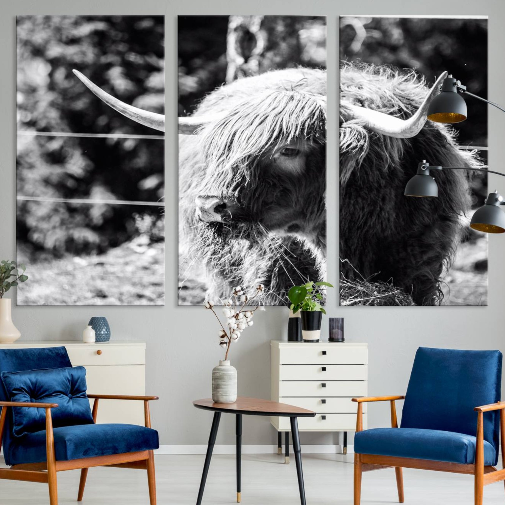 78906-MGV-CV-36X24-Highland Cow Canvas Wall Art – Black and White Minimalist Triptych – Rustic Farmhouse Decor for