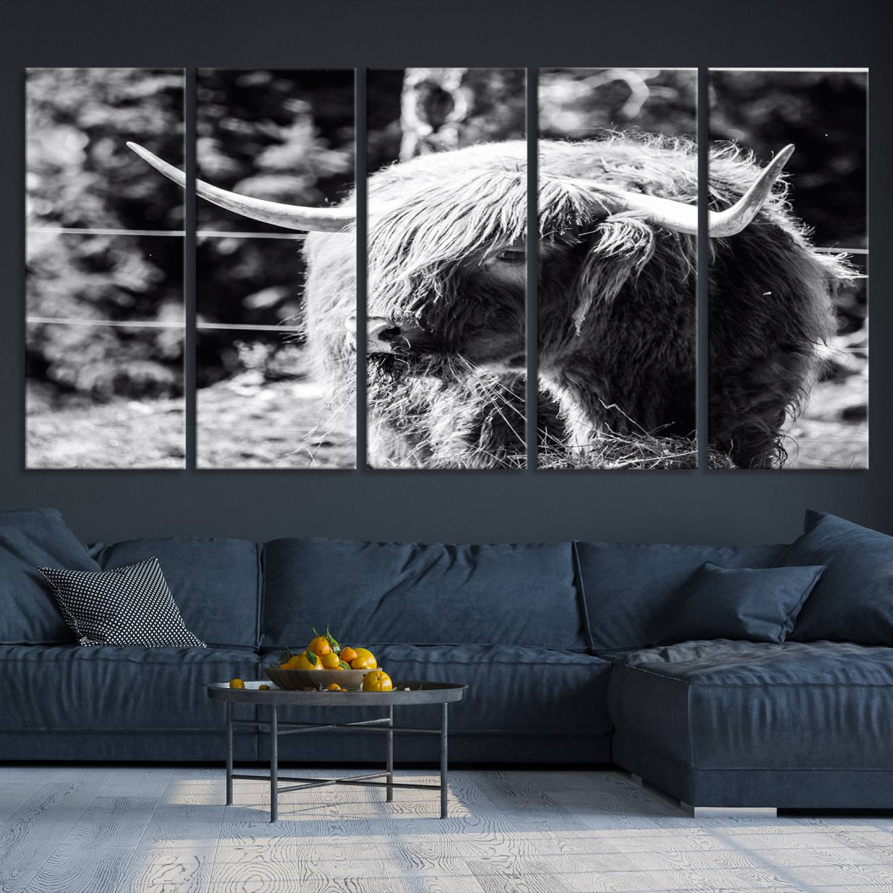 -Highland Cow Canvas Wall Art – Black and White Minimalist Triptych – Rustic Farmhouse Decor for