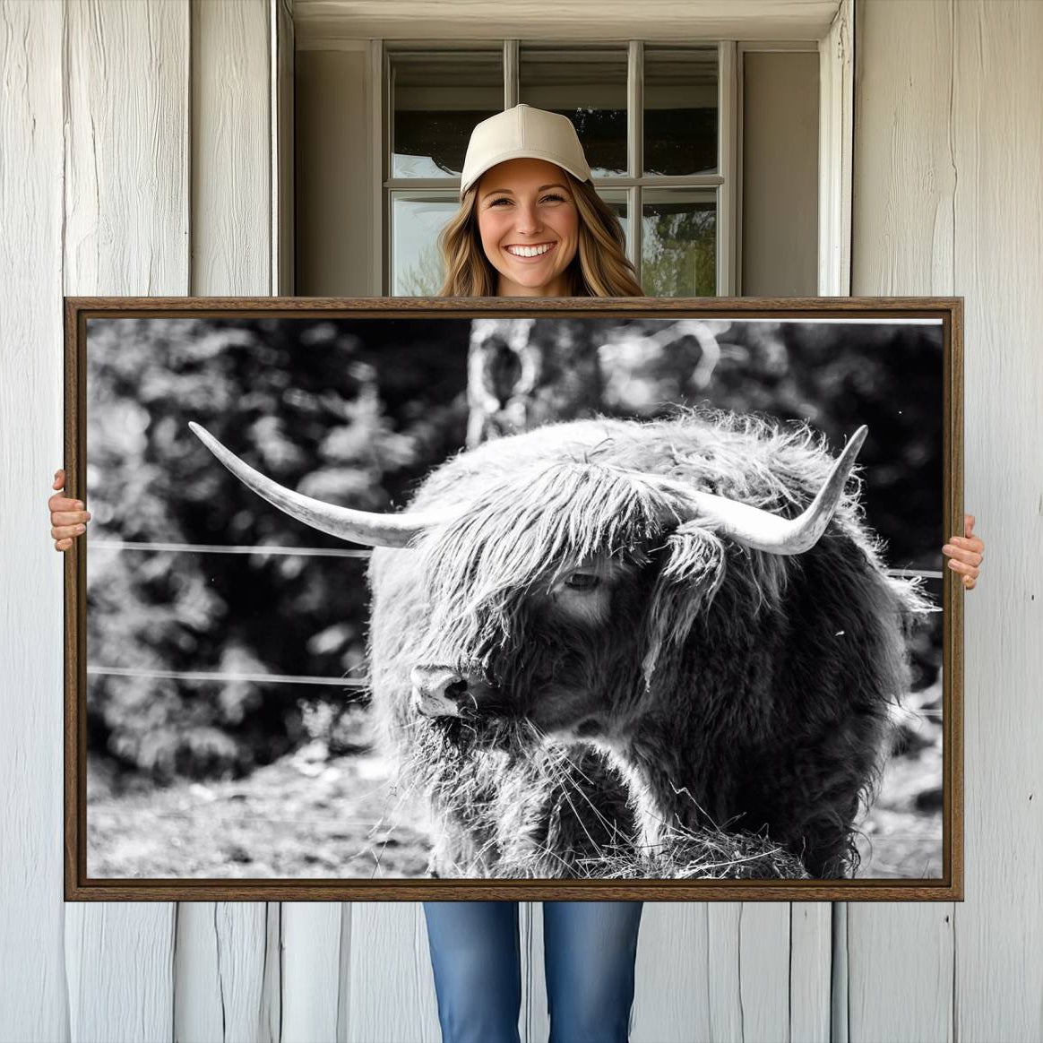 -Highland Cow Canvas Wall Art – Black and White Minimalist Triptych – Rustic Farmhouse Decor for