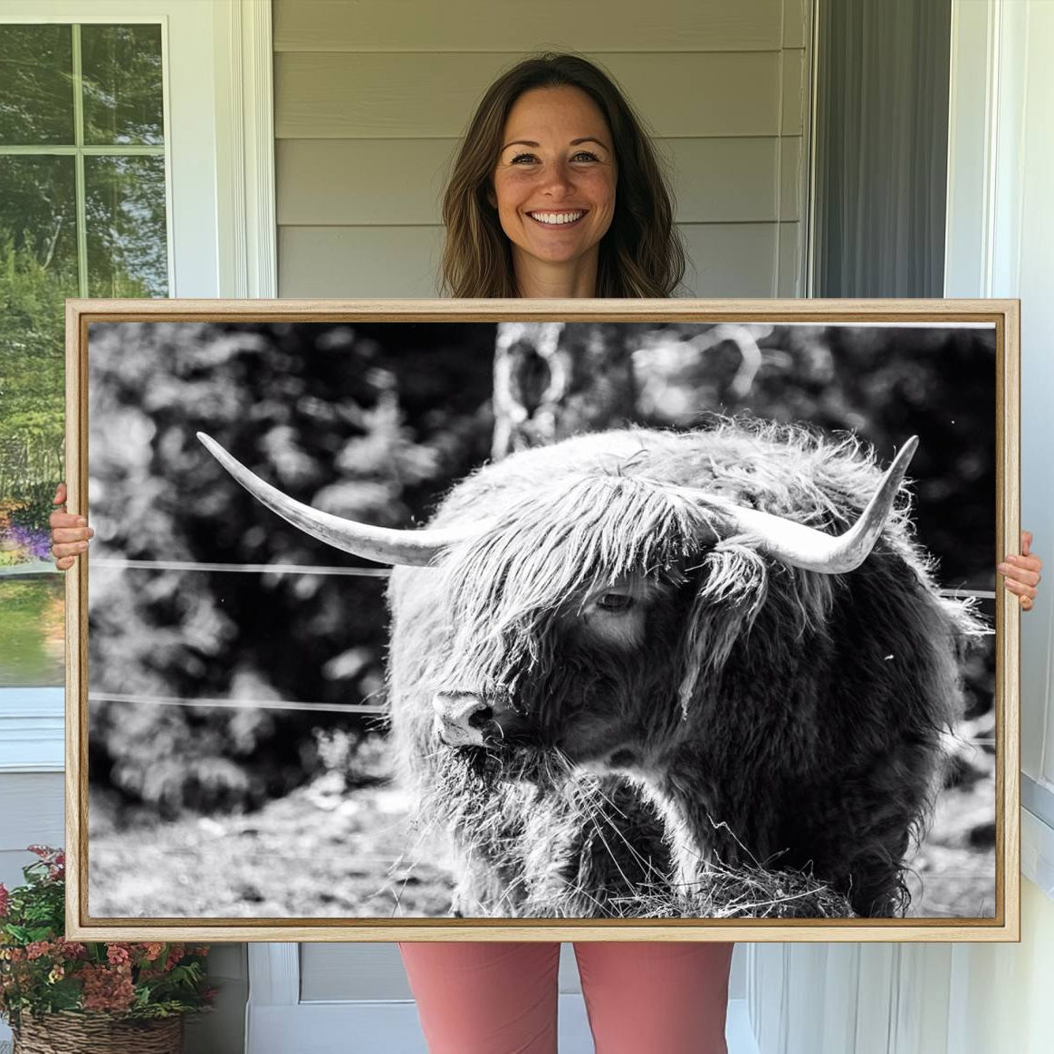 -Highland Cow Canvas Wall Art – Black and White Minimalist Triptych – Rustic Farmhouse Decor for