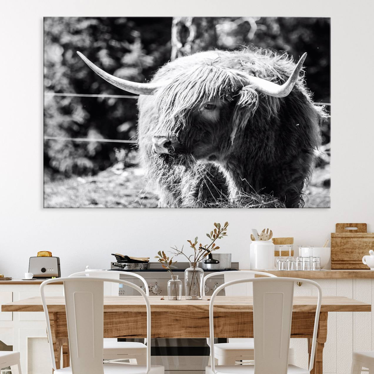 78906-MGV-CV-36X24-Highland Cow Canvas Wall Art – Black and White Minimalist Triptych – Rustic Farmhouse Decor for