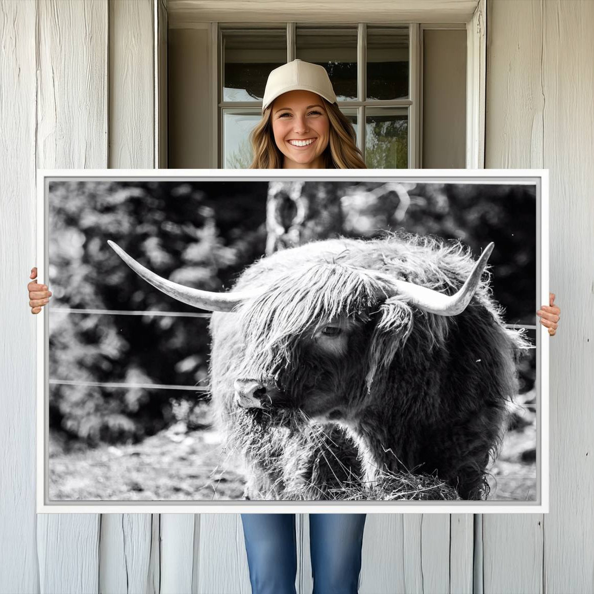 -Highland Cow Canvas Wall Art – Black and White Minimalist Triptych – Rustic Farmhouse Decor for