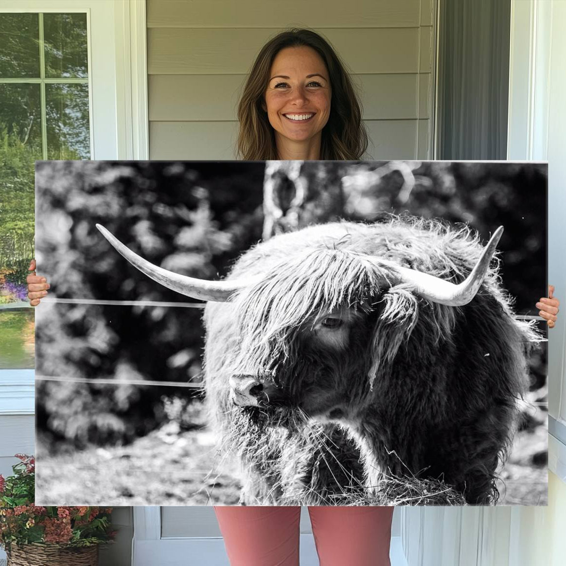 78906-MGV-CV-36X24-Highland Cow Canvas Wall Art – Black and White Minimalist Triptych – Rustic Farmhouse Decor for