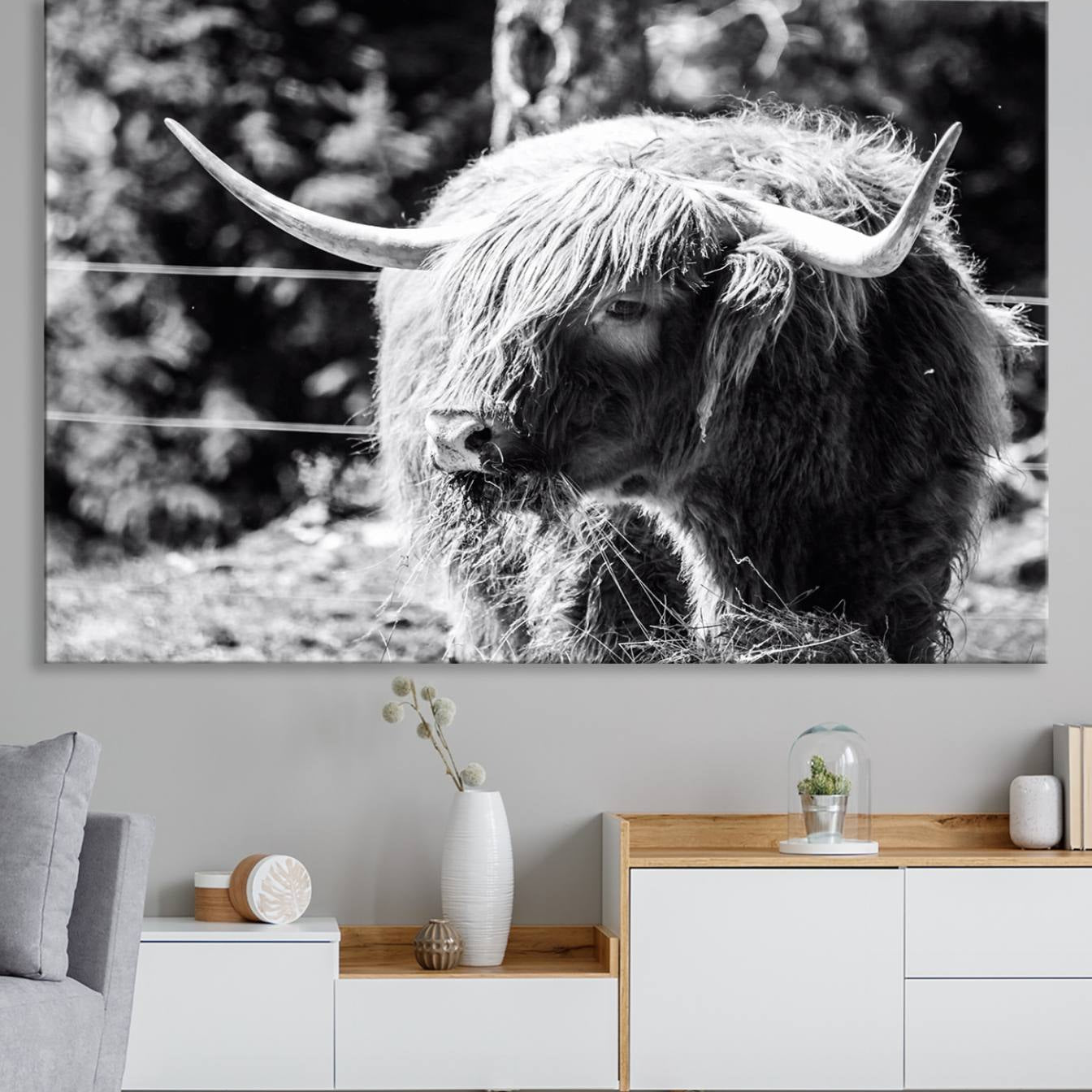 78906-MGV-CV-36X24-Highland Cow Canvas Wall Art – Black and White Minimalist Triptych – Rustic Farmhouse Decor for