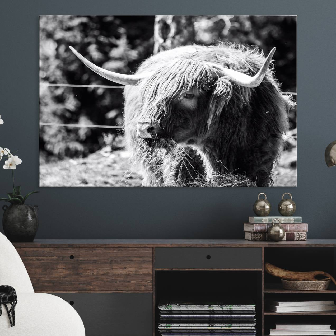 78906-MGV-CV-36X24-Highland Cow Canvas Wall Art – Black and White Minimalist Triptych – Rustic Farmhouse Decor for