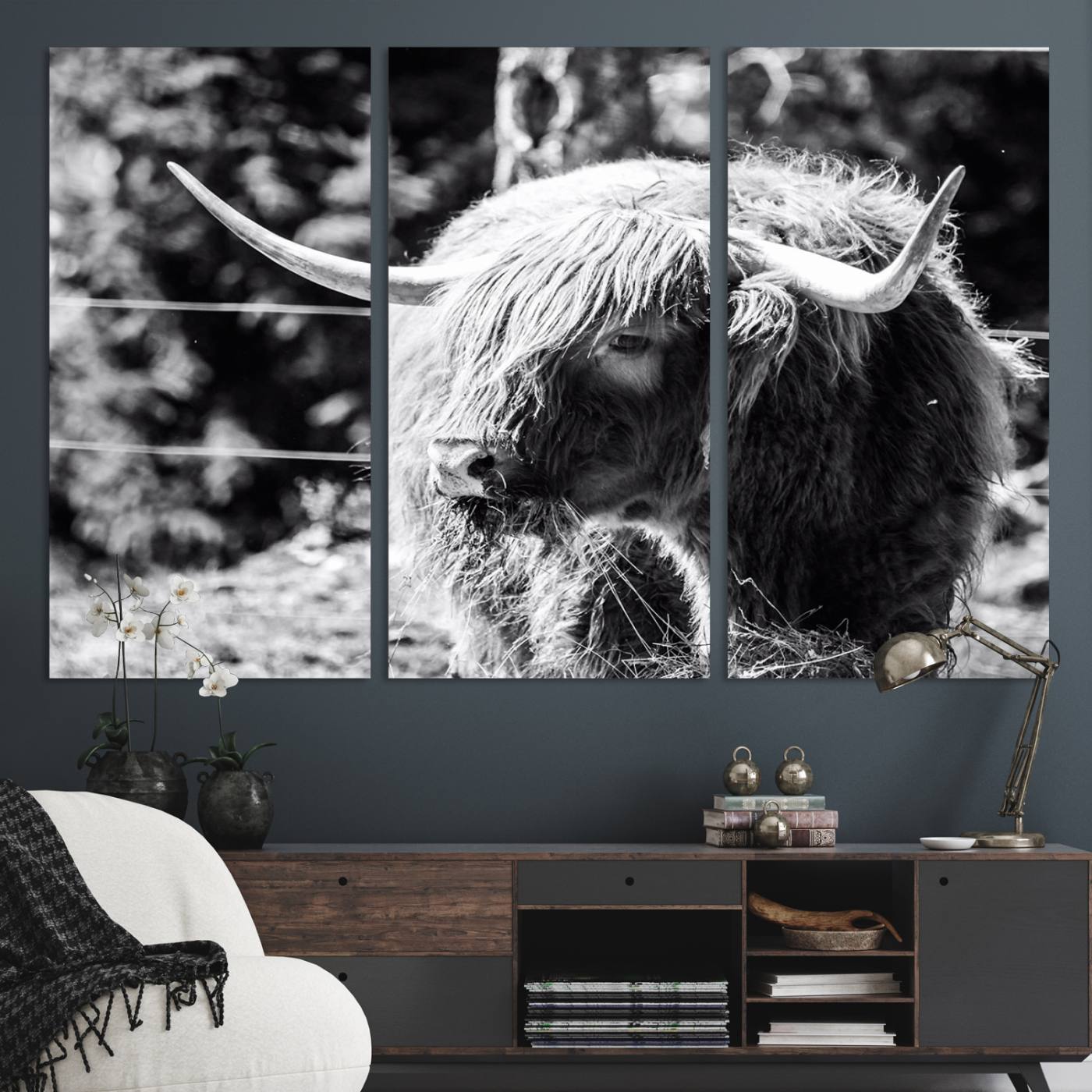 78906-MGV-CV-48X32-3P-Highland Cow Canvas Wall Art – Black and White Minimalist Triptych – Rustic Farmhouse Decor for