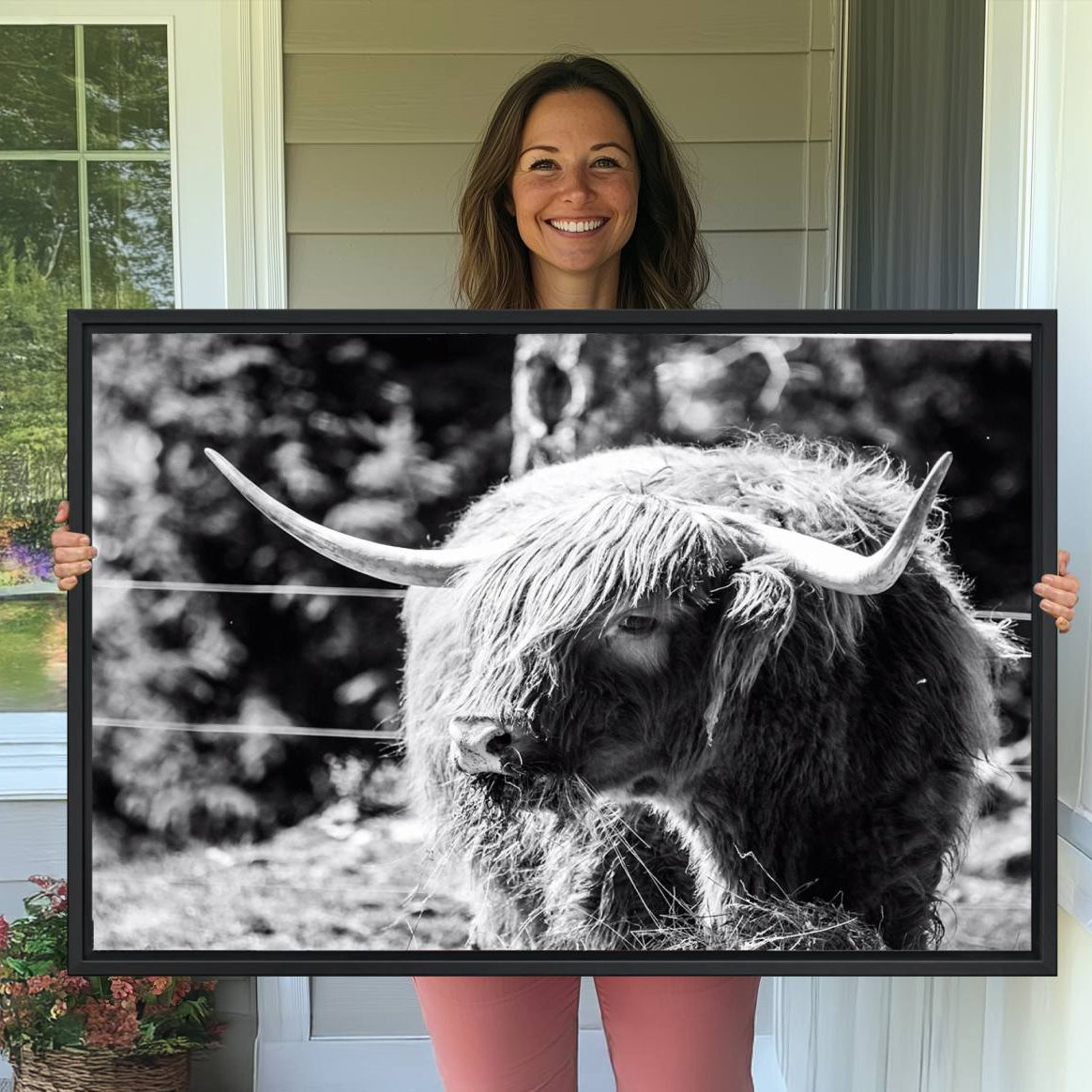 78906-MGV-CV-36X24-Highland Cow Canvas Wall Art – Black and White Minimalist Triptych – Rustic Farmhouse Decor for