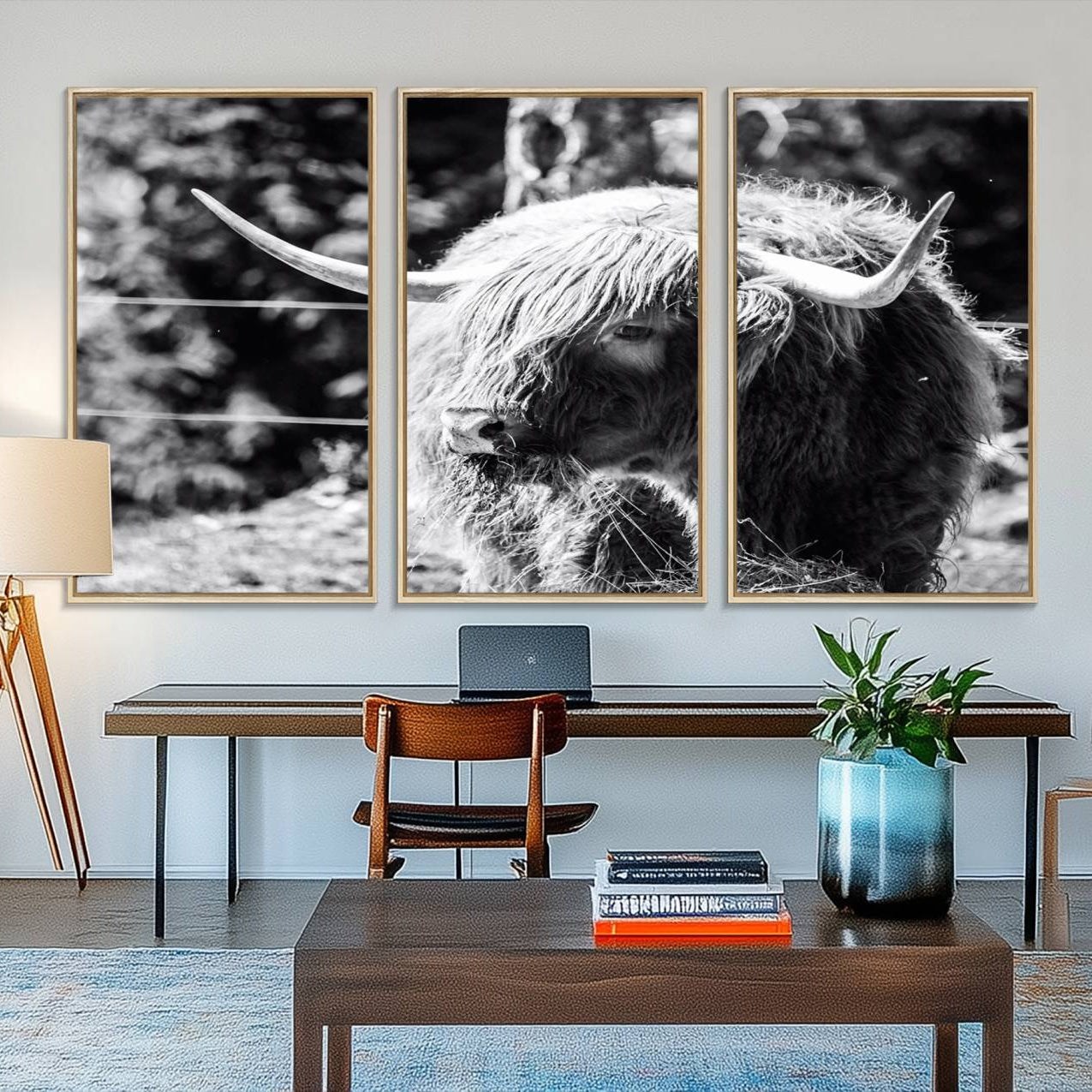 78906-MGV-FC-48X32-3P_Natural-Highland Cow Canvas Wall Art – Black and White Minimalist Triptych – Rustic Farmhouse Decor for
