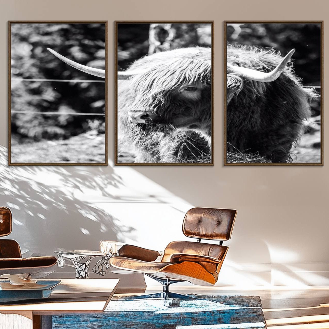 78906-MGV-FC-60X30-3P_Walnut-Highland Cow Canvas Wall Art – Black and White Minimalist Triptych – Rustic Farmhouse Decor for