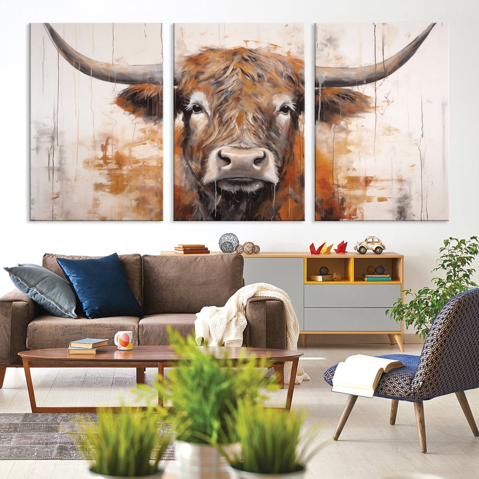 Edit-Images-Highland Cow Canvas Wall Art Print – Rustic Farmhouse Decor in Bold Artistic Style – Ready to Hang
