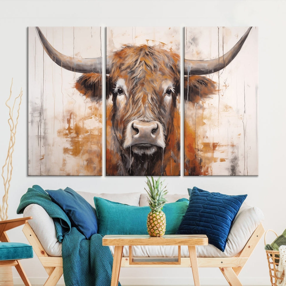 Edit-Images-Highland Cow Canvas Wall Art Print – Rustic Farmhouse Decor in Bold Artistic Style – Ready to Hang