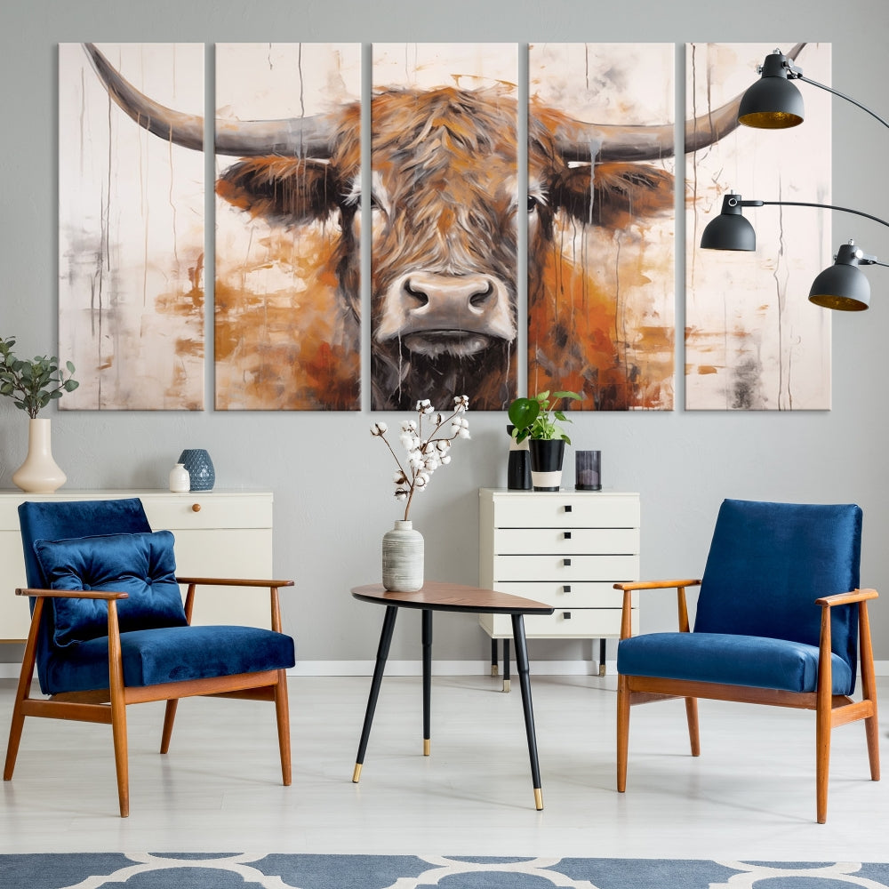 Edit-Images-Highland Cow Canvas Wall Art Print – Rustic Farmhouse Decor in Bold Artistic Style – Ready to Hang