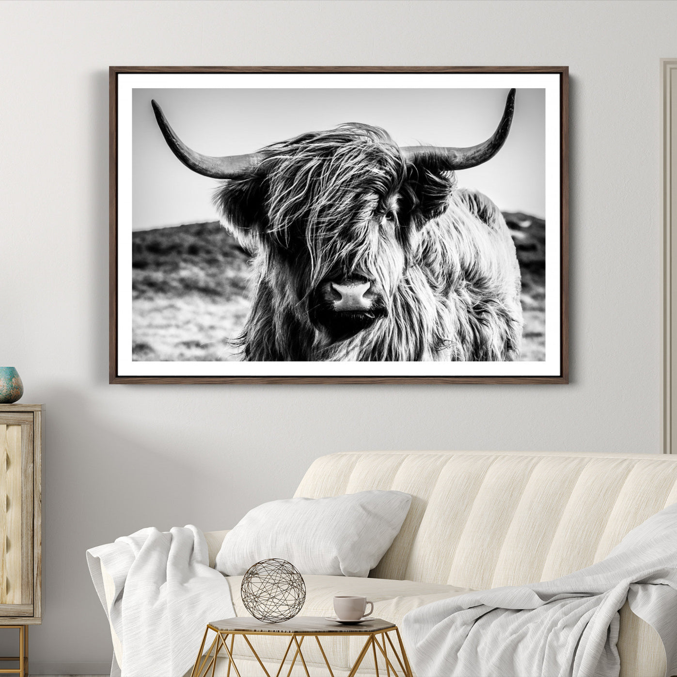 36979-MGC-FP-36x24_Walnut-Highland Cow Wall Art | 3-Panel Black and White Highland Cow Canvas Print for Western Farmhouse