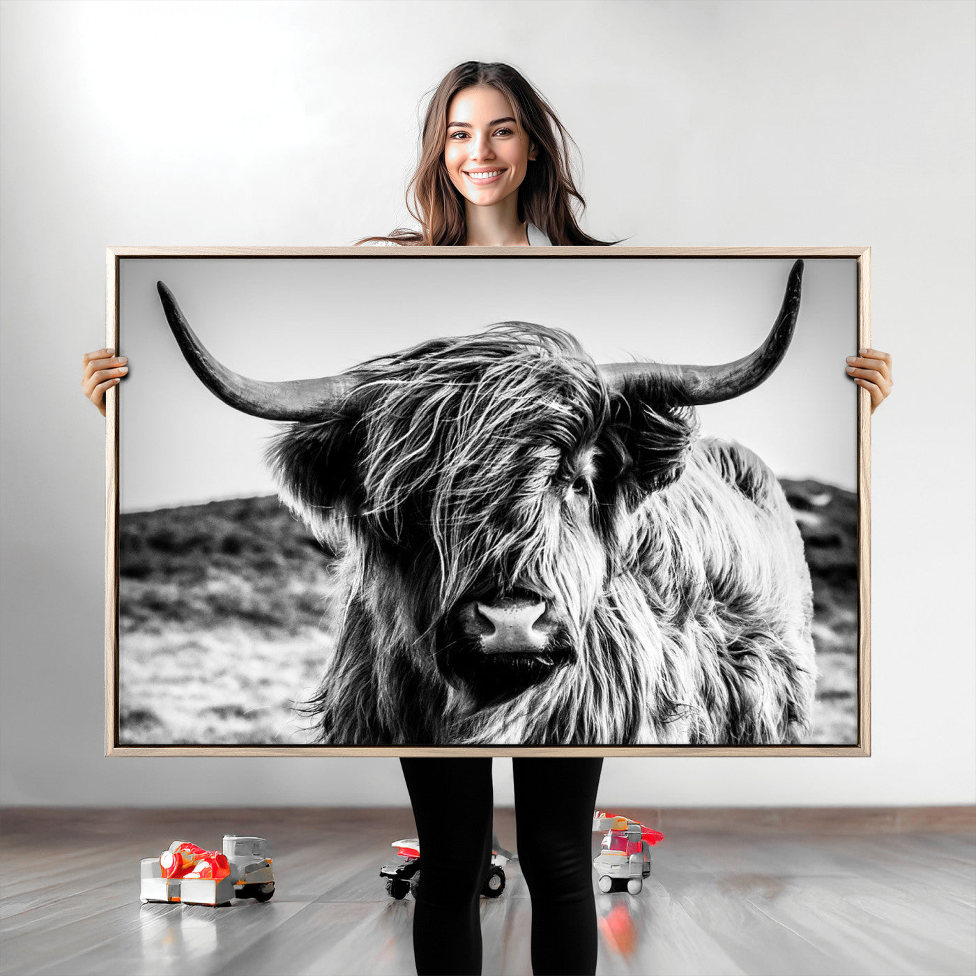 -Highland Cow Wall Art | 3-Panel Black and White Highland Cow Canvas Print for Western Farmhouse