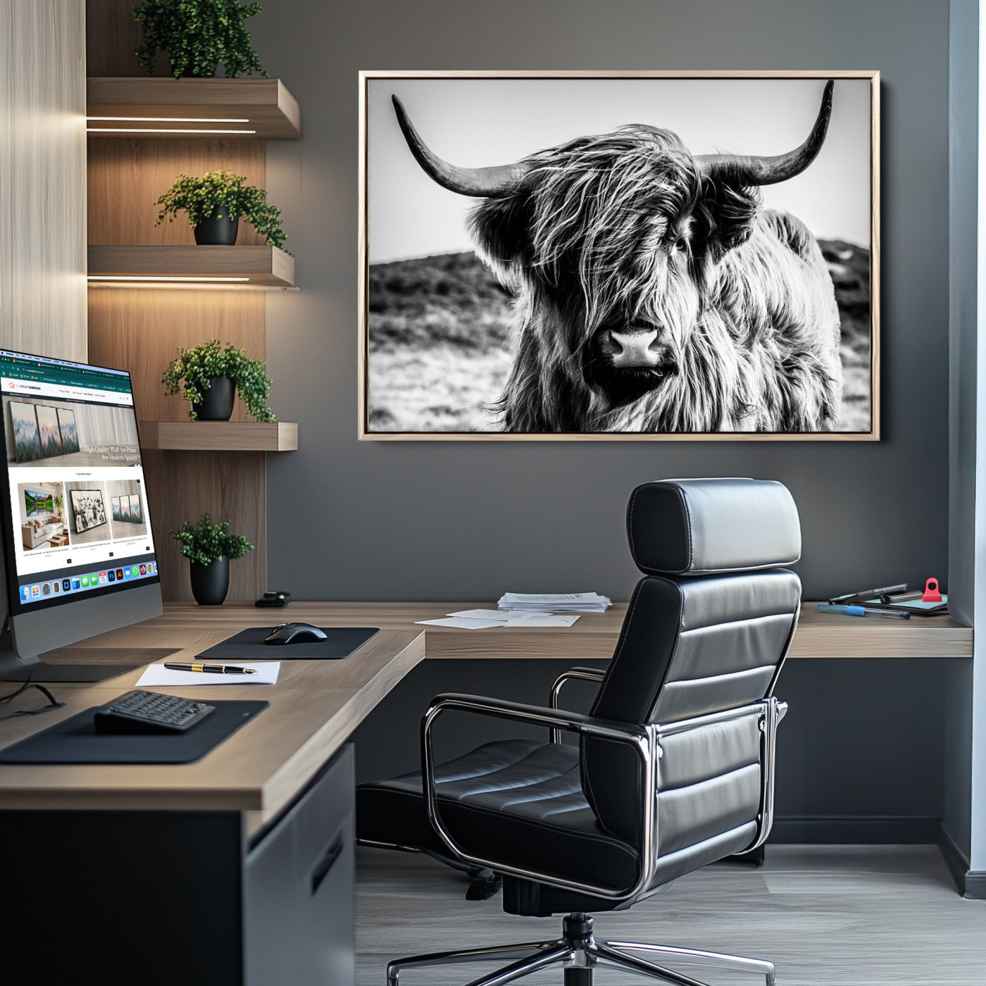 -Highland Cow Wall Art | 3-Panel Black and White Highland Cow Canvas Print for Western Farmhouse