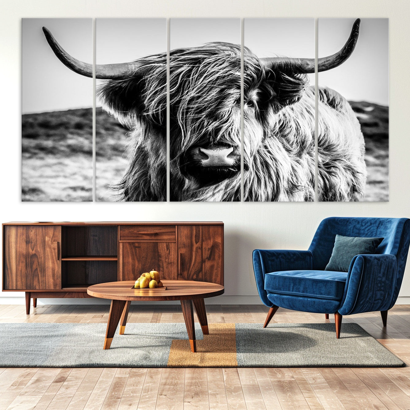 -Highland Cow Wall Art | 3-Panel Black and White Highland Cow Canvas Print for Western Farmhouse
