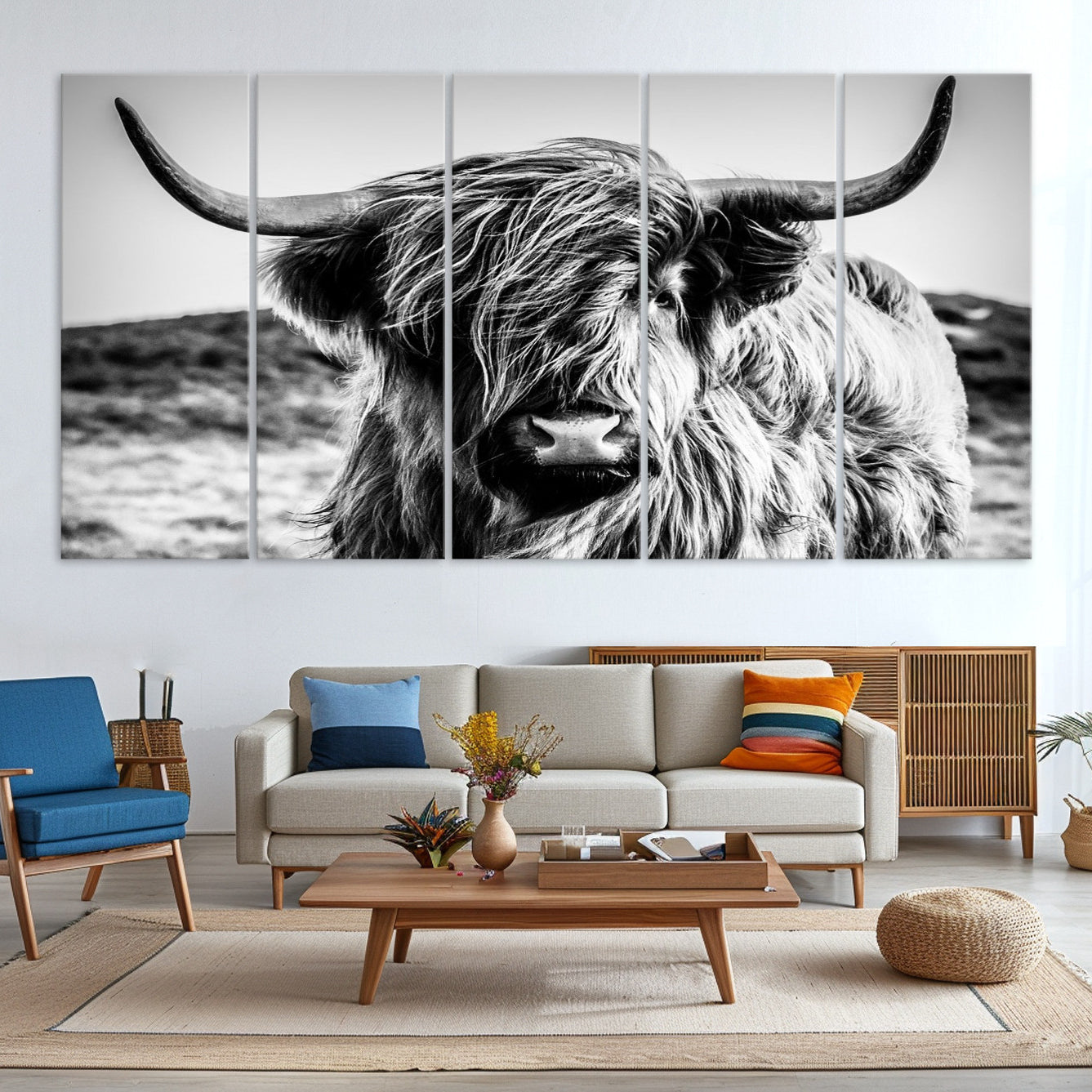 -Highland Cow Wall Art | 3-Panel Black and White Highland Cow Canvas Print for Western Farmhouse