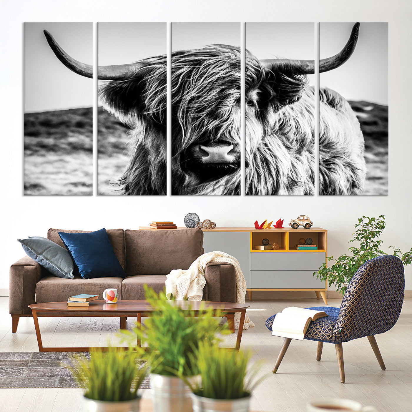 36979-MGV-CV-60X31-5P-Highland Cow Wall Art | 3-Panel Black and White Highland Cow Canvas Print for Western Farmhouse