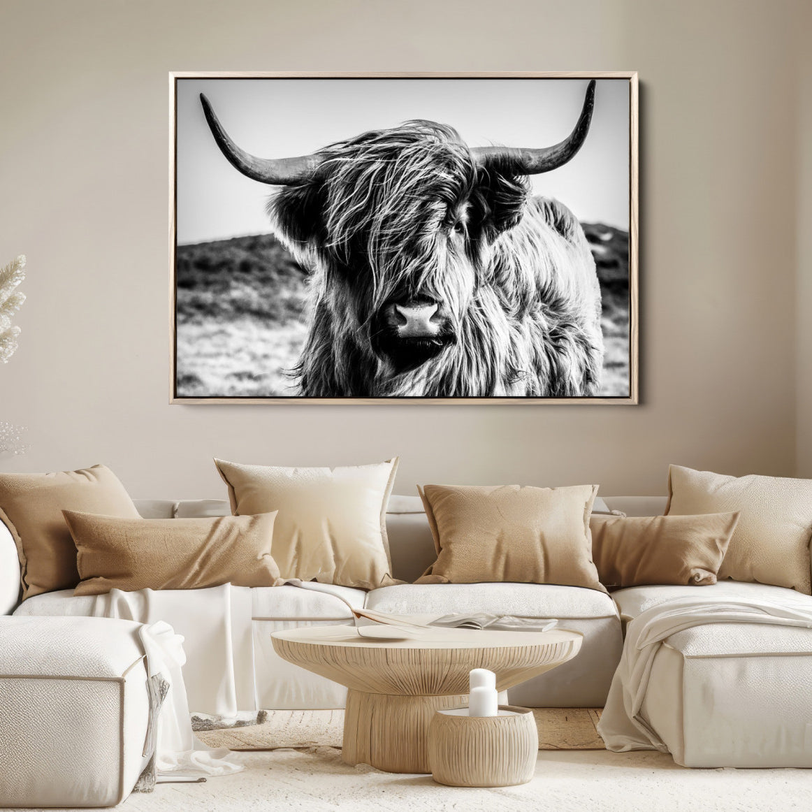 36979-MGV-FC-36X24_Natural-Highland Cow Wall Art – Black and White Framed Farmhouse Animal Canvas Print, Rustic Western Decor for Living Room or Office