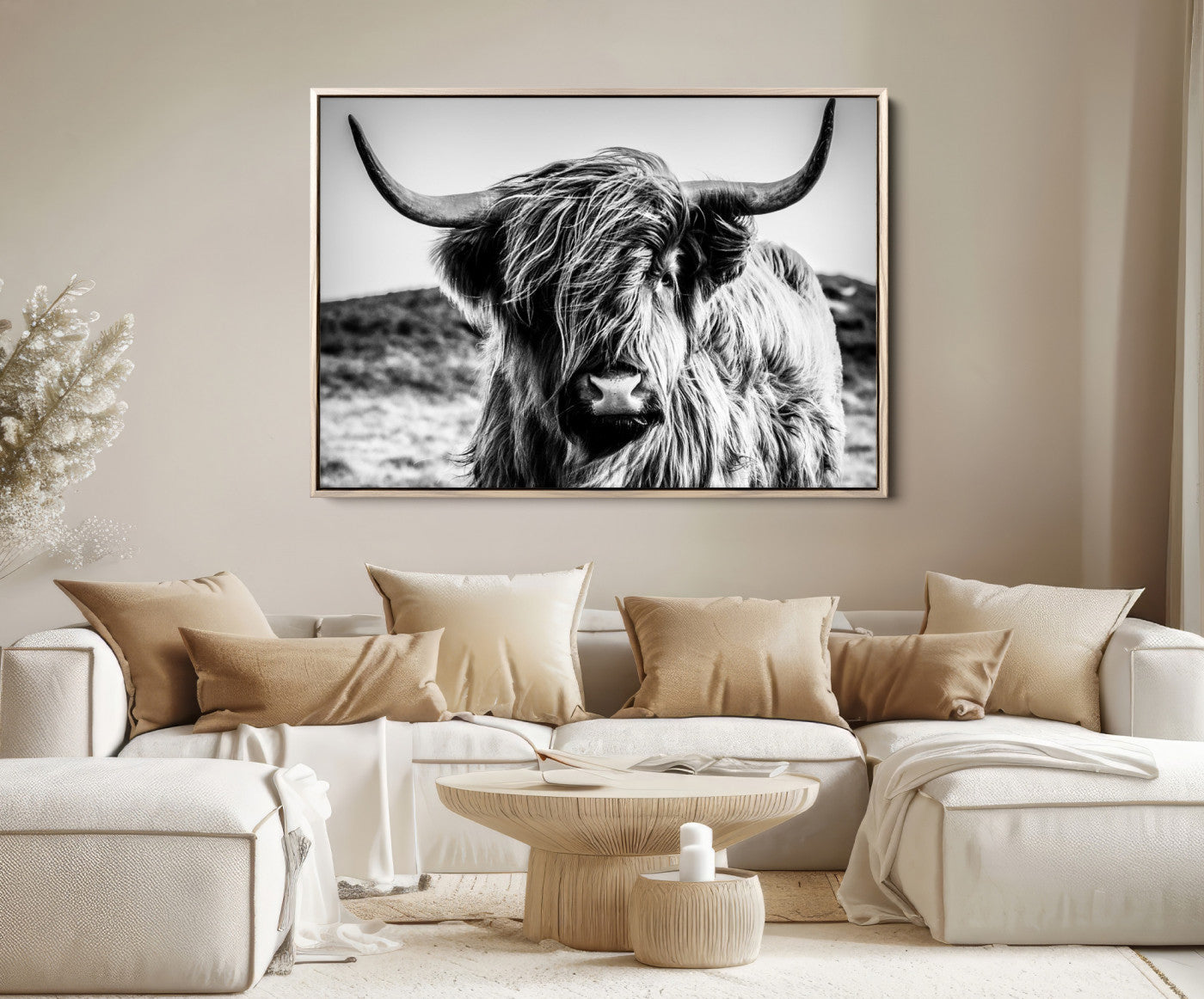 36979-MGV-FC-36X24_Natural-Highland Cow Wall Art – Black and White Framed Farmhouse Animal Canvas Print, Rustic Western Decor for Living Room or Office