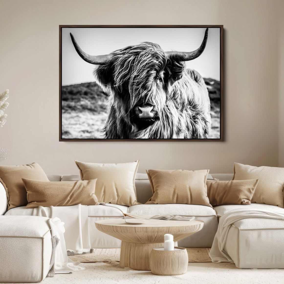 36979-MGV-FC-36X24_Walnut-Highland Cow Wall Art – Black and White Framed Farmhouse Animal Canvas Print, Rustic Western Decor for Living Room or Office