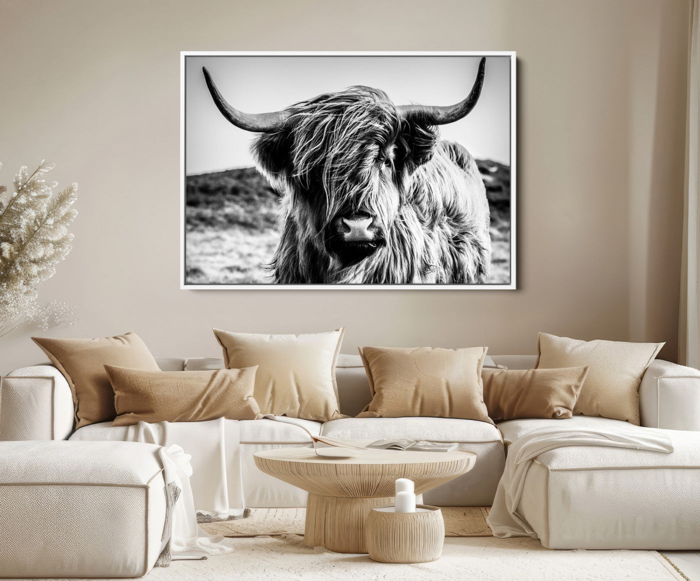 36979-MGV-FC-36X24_White-Highland Cow Wall Art – Black and White Framed Farmhouse Animal Canvas Print, Rustic Western Decor for Living Room or Office