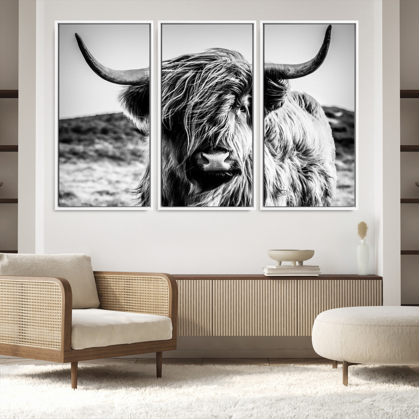 36979-MGV-FC-48X32-3P_White-Highland Cow Wall Art | 3-Panel Black and White Highland Cow Canvas Print for Western Farmhouse