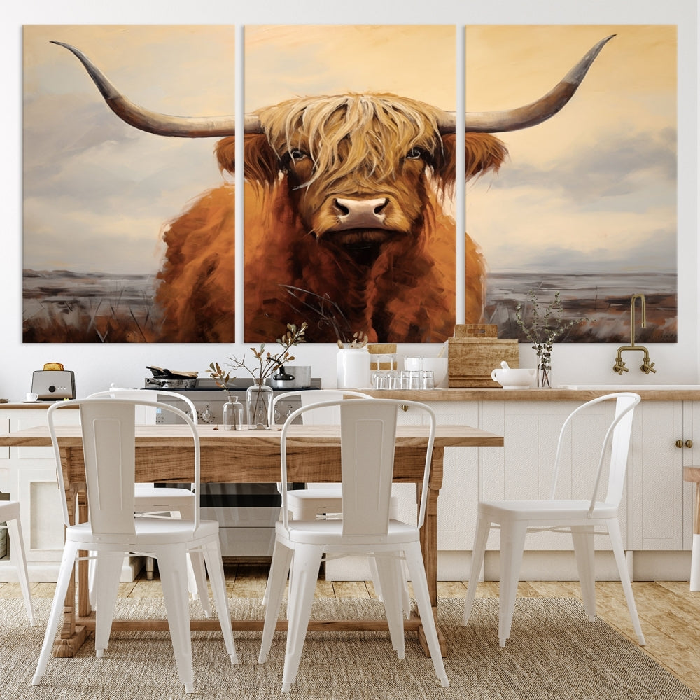 -Highland Cow Wall Art Canvas Print - Rustic Modern Decor for Living Room, Office, Dining Room
