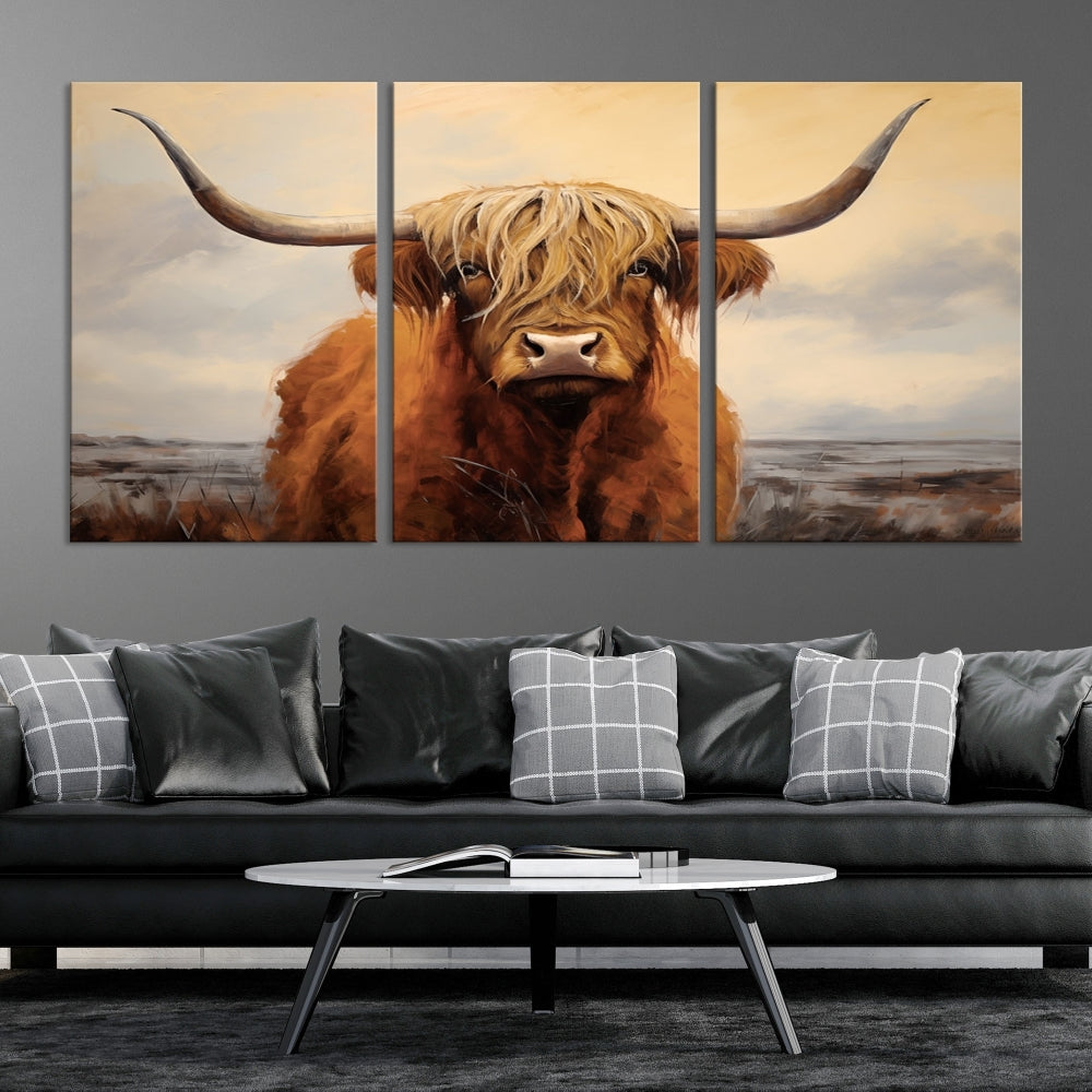 -Highland Cow Wall Art Canvas Print - Rustic Modern Decor for Living Room, Office, Dining Room