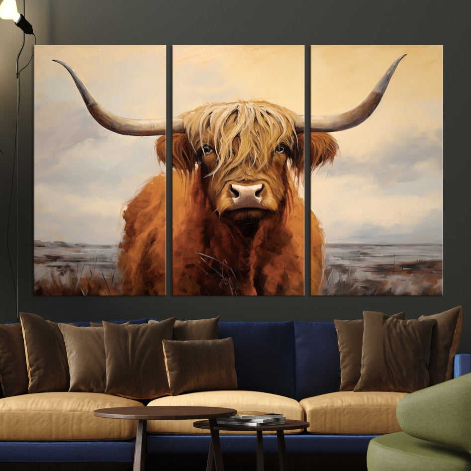 -Highland Cow Wall Art Canvas Print - Rustic Modern Decor for Living Room, Office, Dining Room