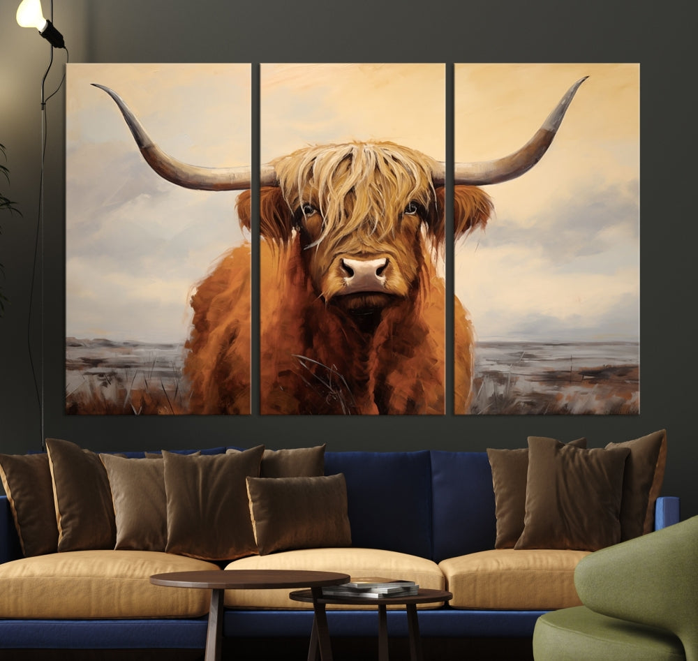 -Highland Cow Wall Art Canvas Print - Rustic Modern Decor for Living Room, Office, Dining Room