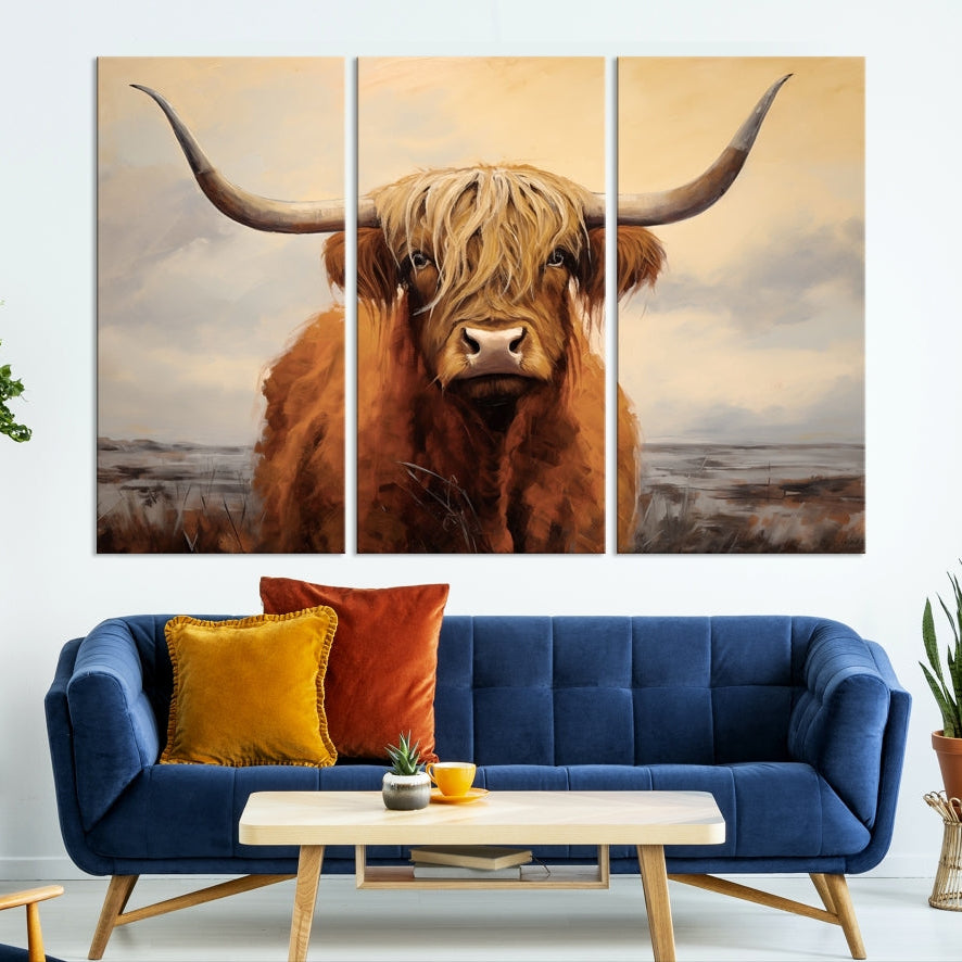 -Highland Cow Wall Art Canvas Print - Rustic Modern Decor for Living Room, Office, Dining Room