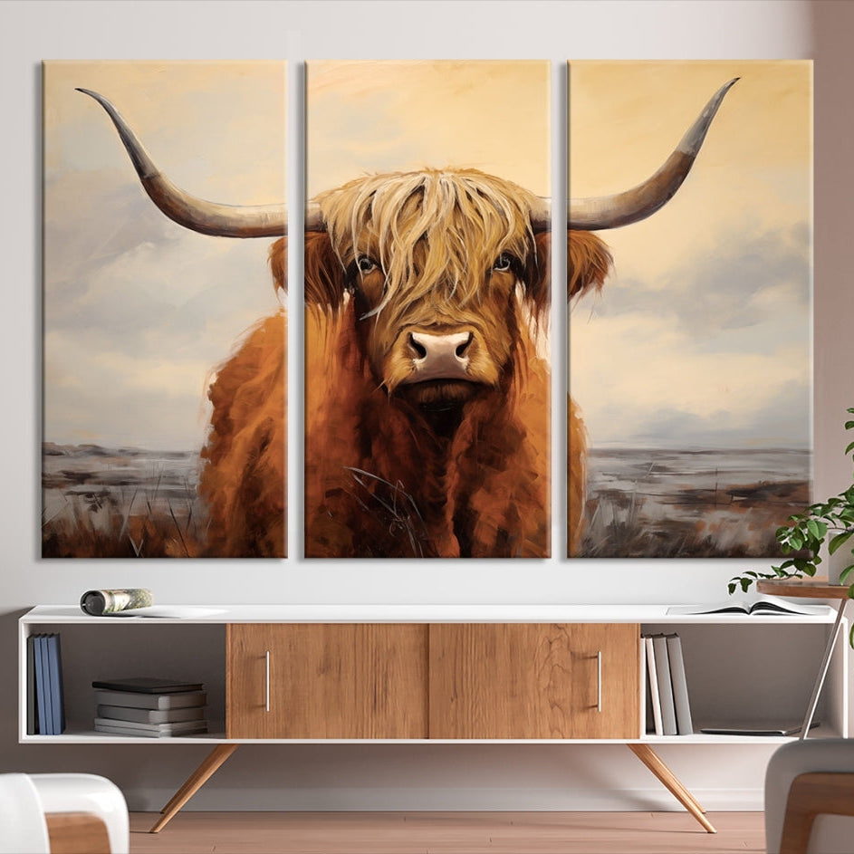 -Highland Cow Wall Art Canvas Print - Rustic Modern Decor for Living Room, Office, Dining Room