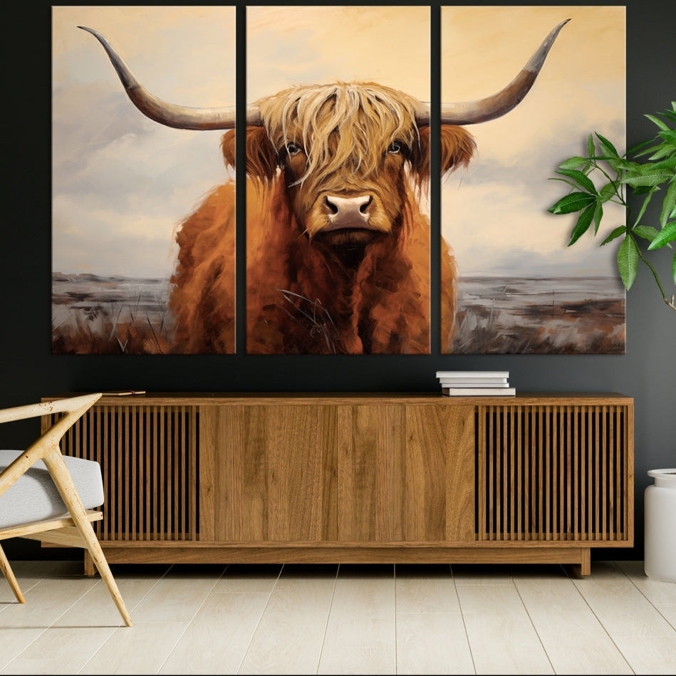 -Highland Cow Wall Art Canvas Print - Rustic Modern Decor for Living Room, Office, Dining Room