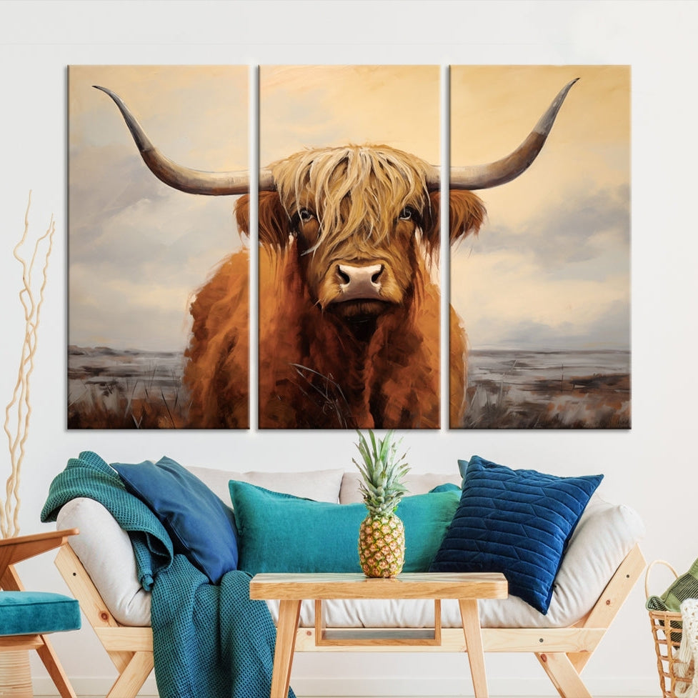 -Highland Cow Wall Art Canvas Print - Rustic Modern Decor for Living Room, Office, Dining Room