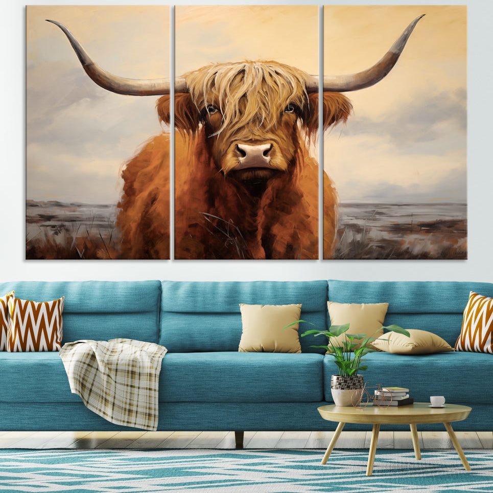 -Highland Cow Wall Art Canvas Print - Rustic Modern Decor for Living Room, Office, Dining Room
