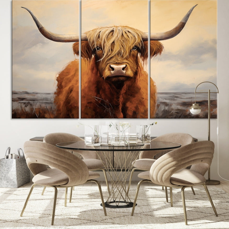 -Highland Cow Wall Art Canvas Print - Rustic Modern Decor for Living Room, Office, Dining Room