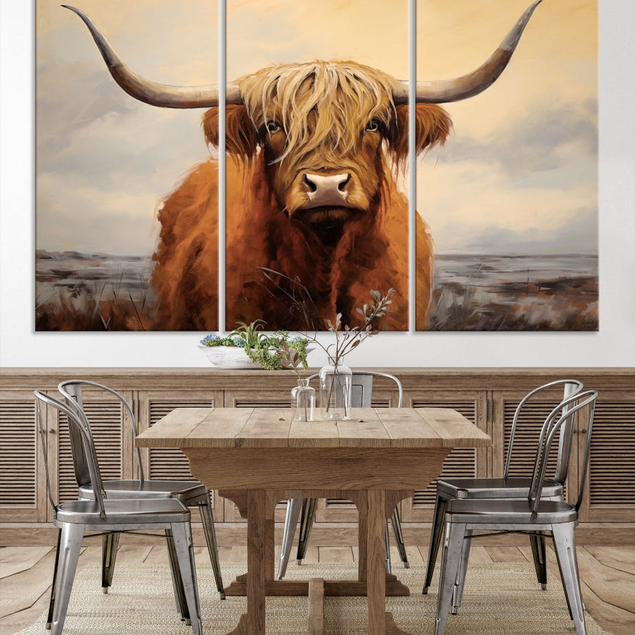 -Highland Cow Wall Art Canvas Print - Rustic Modern Decor for Living Room, Office, Dining Room