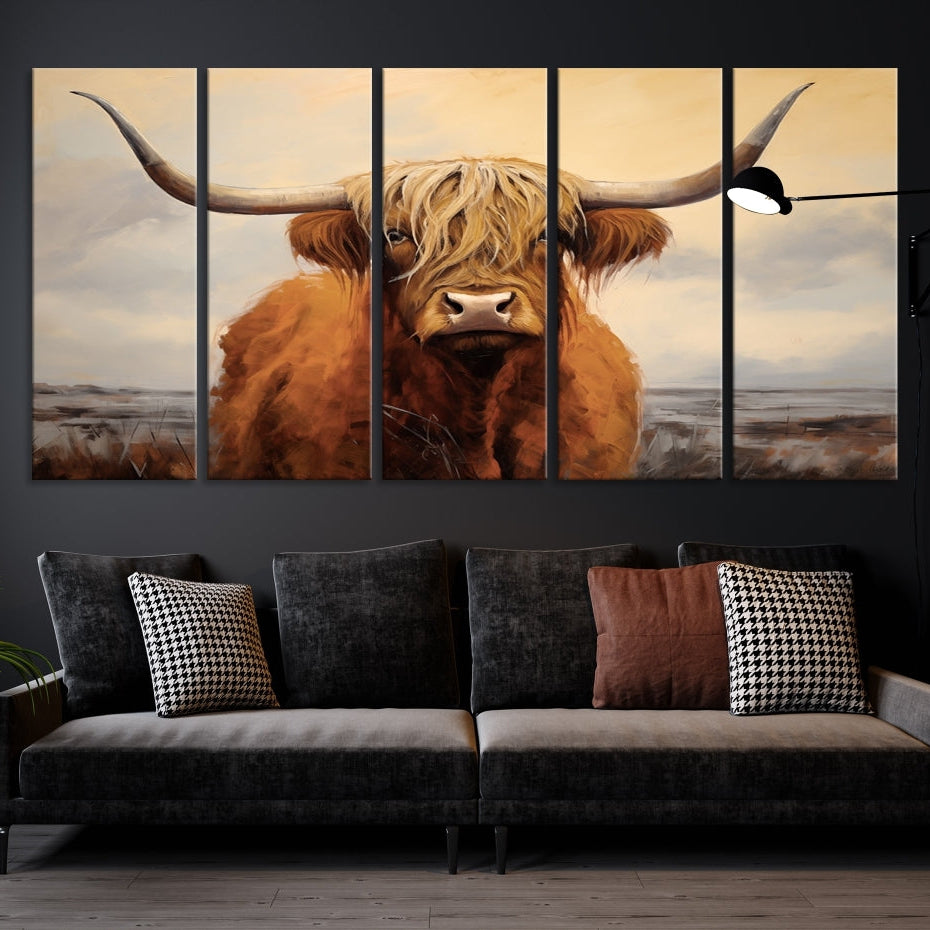 -Highland Cow Wall Art Canvas Print - Rustic Modern Decor for Living Room, Office, Dining Room