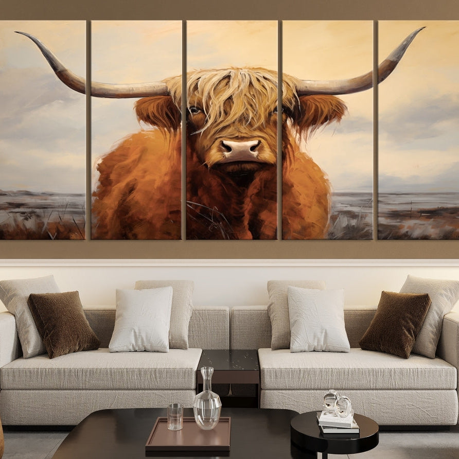 -Highland Cow Wall Art Canvas Print - Rustic Modern Decor for Living Room, Office, Dining Room