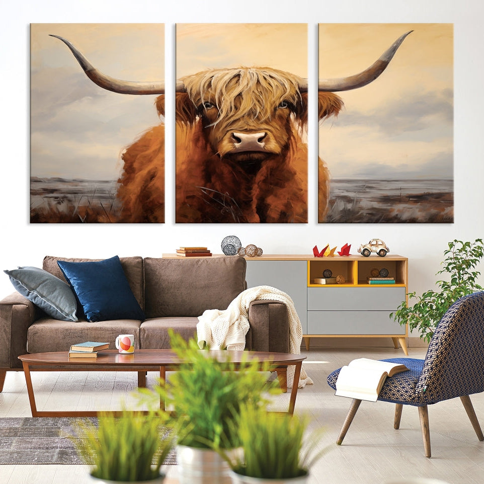 -Highland Cow Wall Art Canvas Print - Rustic Modern Decor for Living Room, Office, Dining Room