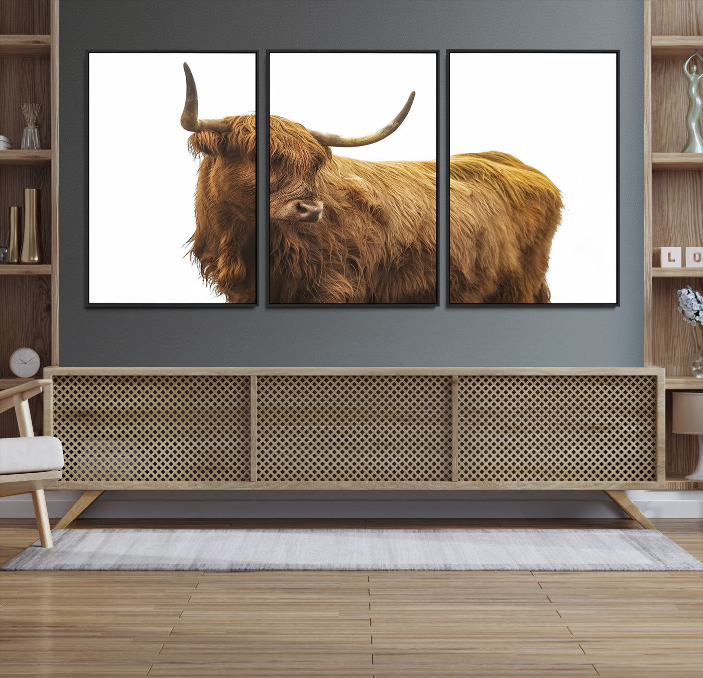 -Highland Cow Wall Art Canvas Print, Scottish Bull Print, Framed Rustic Farmhouse Art Print, Large