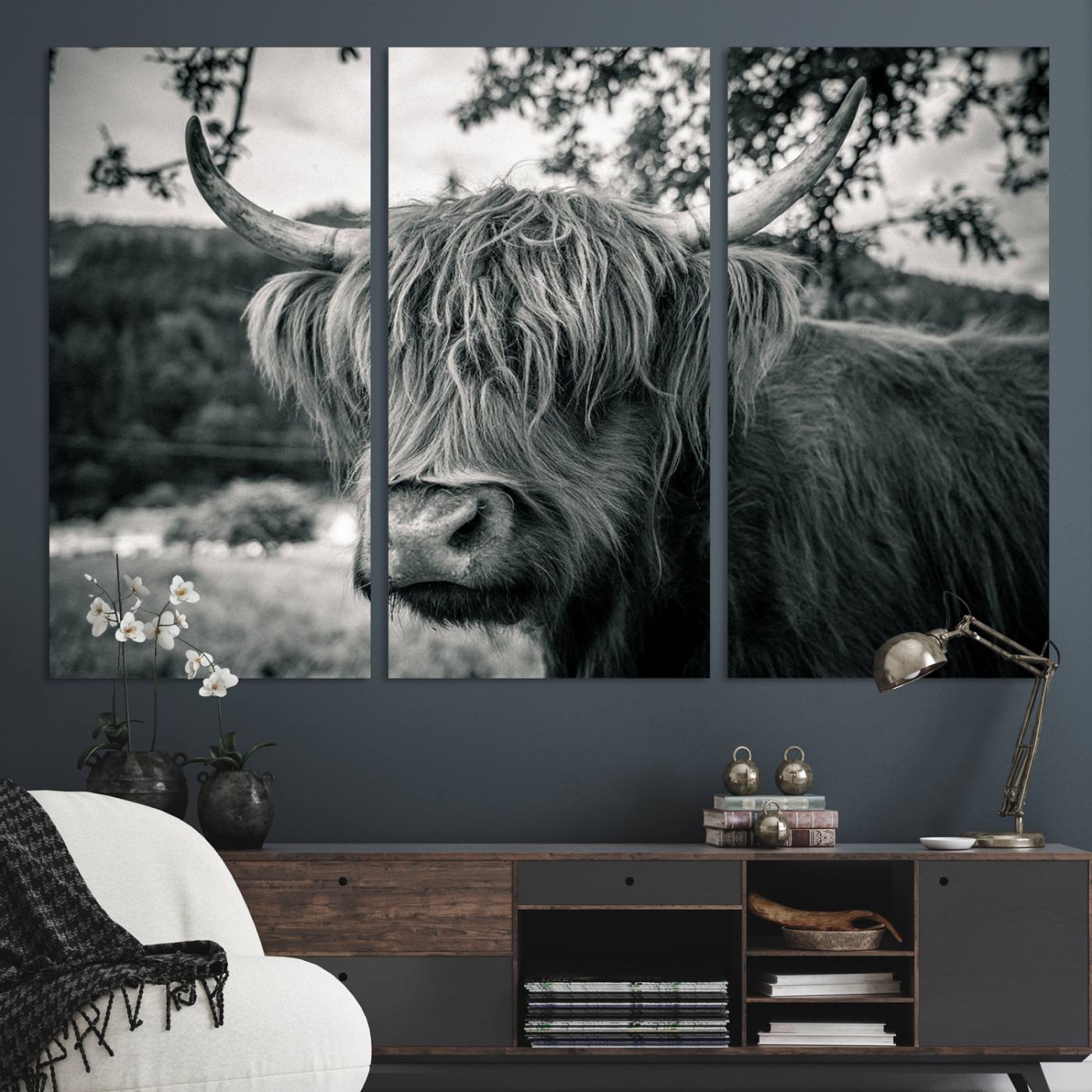 71817-MGV-CV-48X32-3P-Highland Cow Wall Art Canvas Print Scottish Cattle Canvas Art