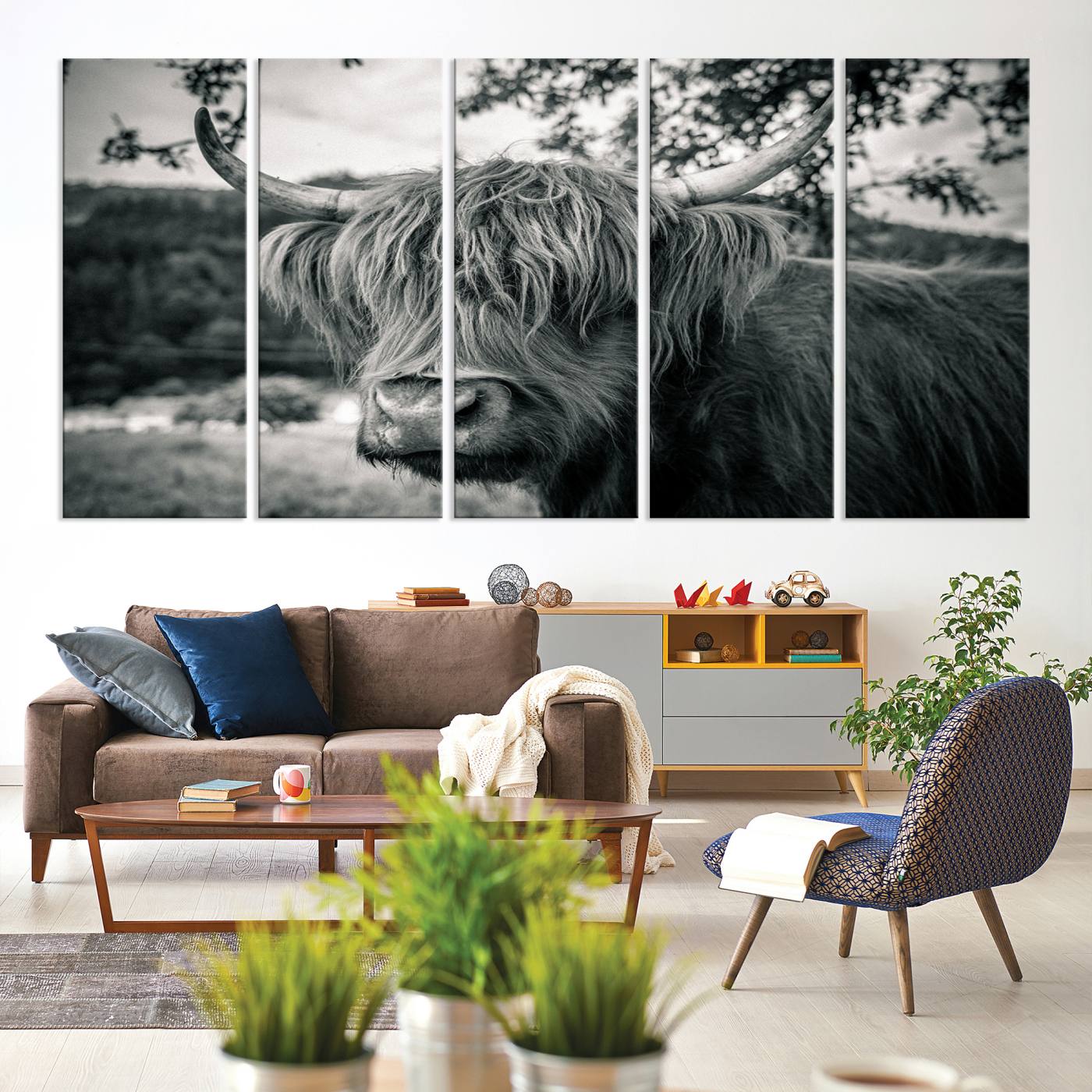 71817-MGV-CV-60X31-5P-Highland Cow Wall Art Canvas Print Scottish Cattle Canvas Art