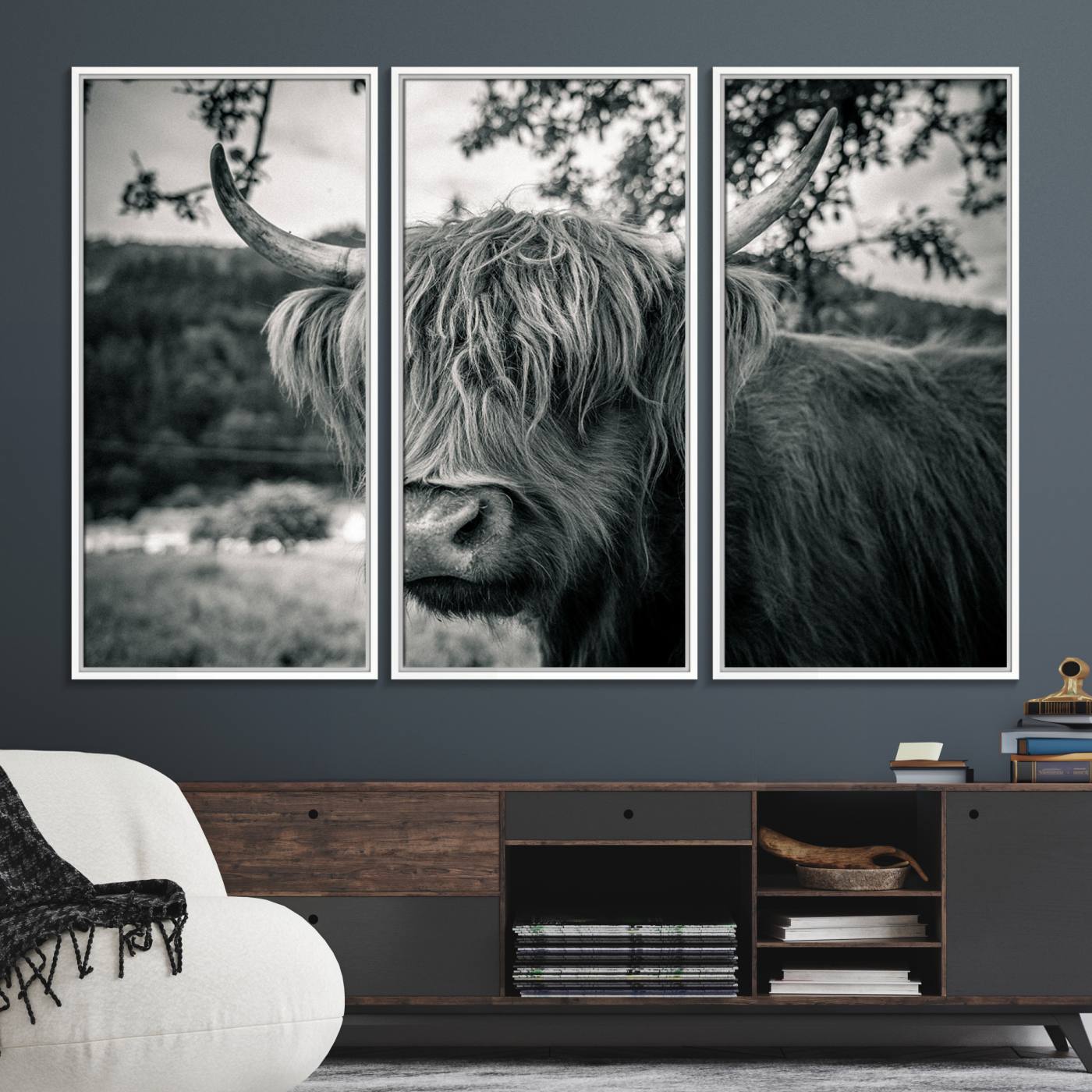 71817-MGV-FC-48X32-3P_White-Highland Cow Wall Art Canvas Print Scottish Cattle Canvas Art