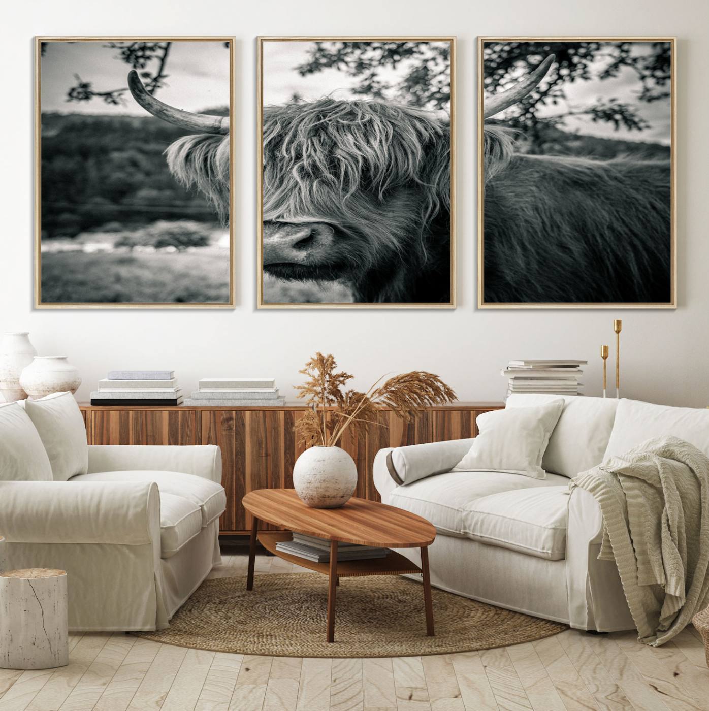 71817-MGV-FC-60X30-3P_Natural-Highland Cow Wall Art Canvas Print Scottish Cattle Canvas Art