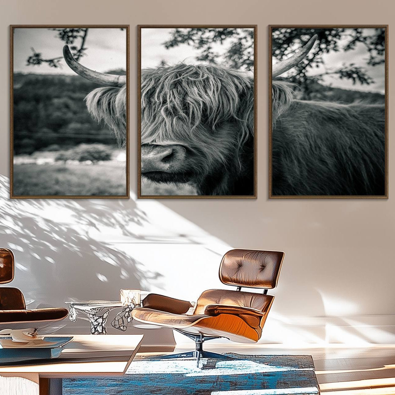 71817-MGV-FC-60X30-3P_Walnut-Highland Cow Wall Art Canvas Print Scottish Cattle Canvas Art